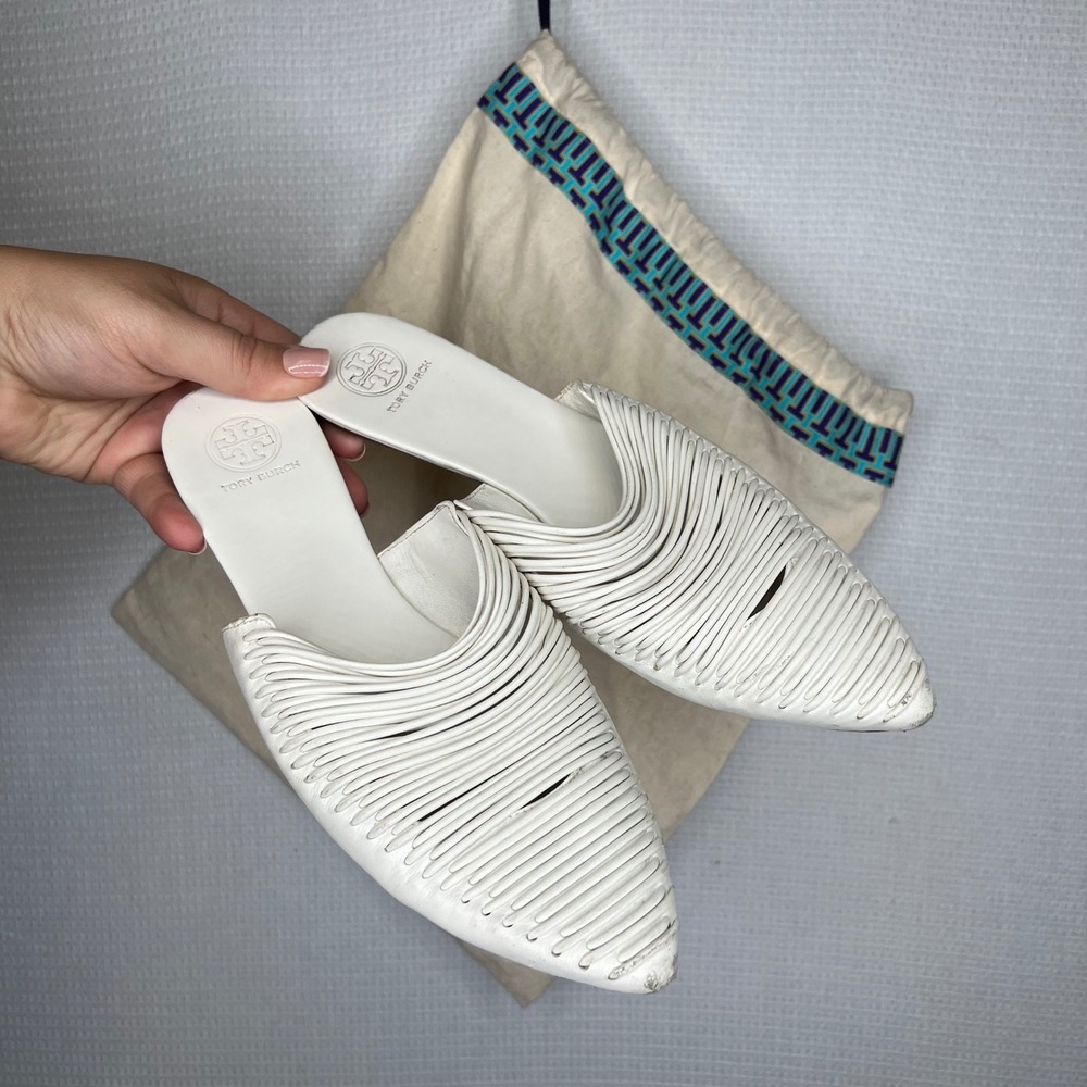 Tory Burch Sienna White Leather Woven Pointed Toe Mule Flat Shoes‎ Size 7.5 M